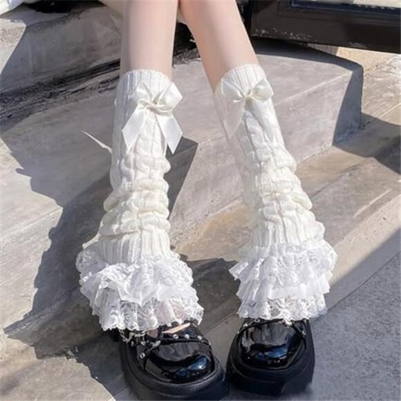 Women's Knit Leg Warmers Y2K Bow Lace Trim Knee High Leg Sleeve Socks - Picture 4 of 6